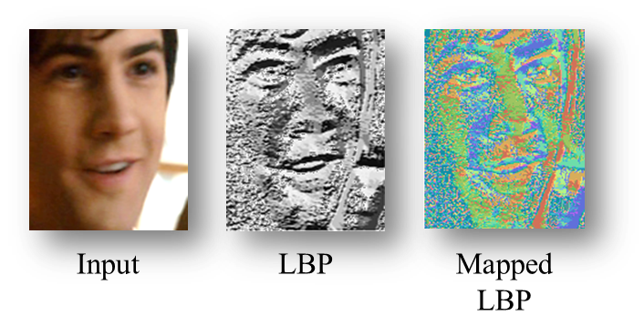 Example of mapping from RGB (left) to LBP (mid) to the mapped LBP values used as input to the CNN (right)
